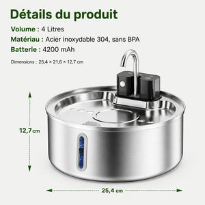Fontaine à eau pour chat sans fil 4L Inox avec Capteur de Mouvement | ROCA