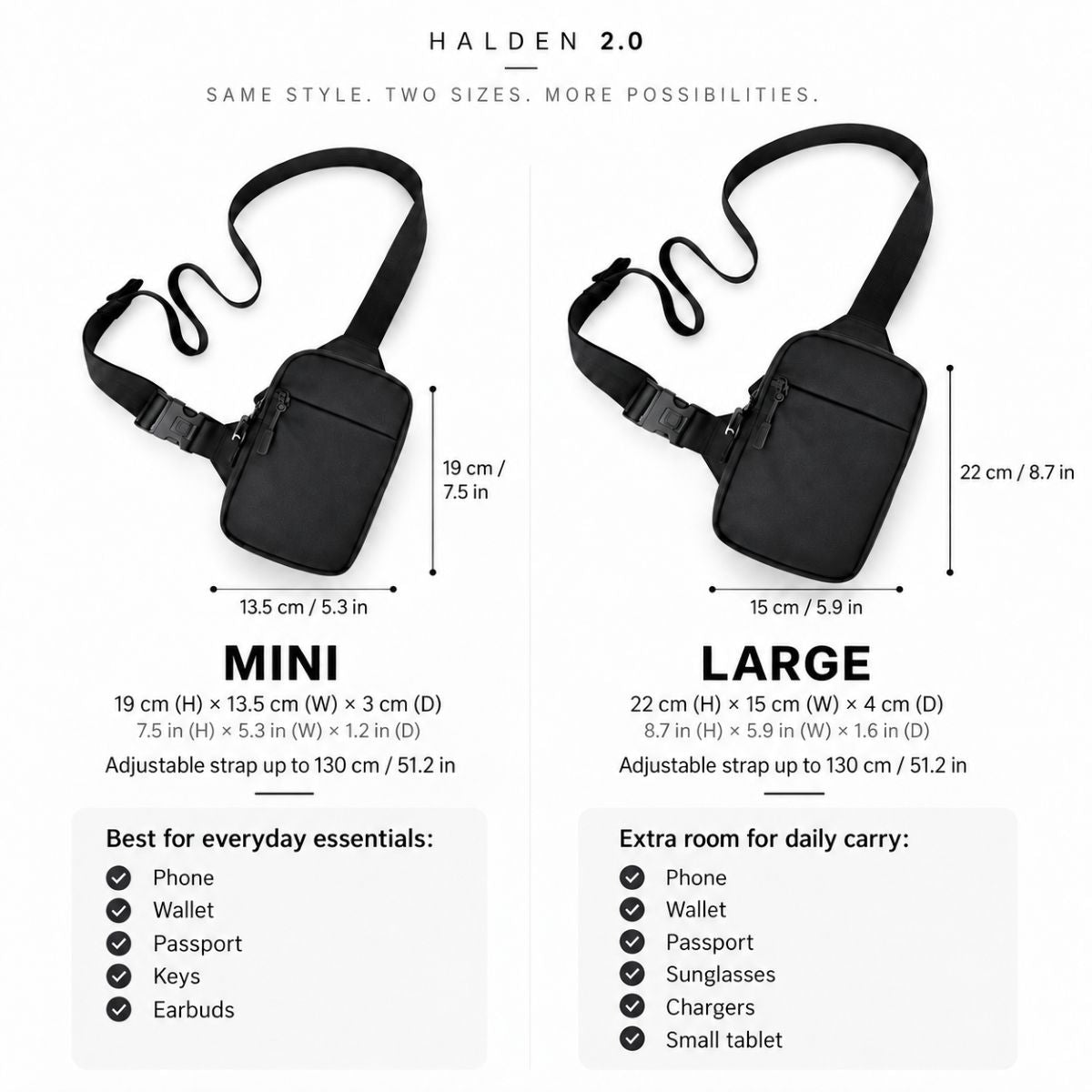 Size chart for HALDEN 2.0 Anti-Theft Sling Bag